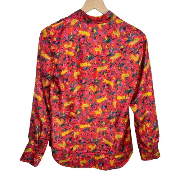 ♦️SOLD♦️J. Crew Collection Silk Twill Button Up in Jungle Cat Floral Print - Picture 3 of 15
